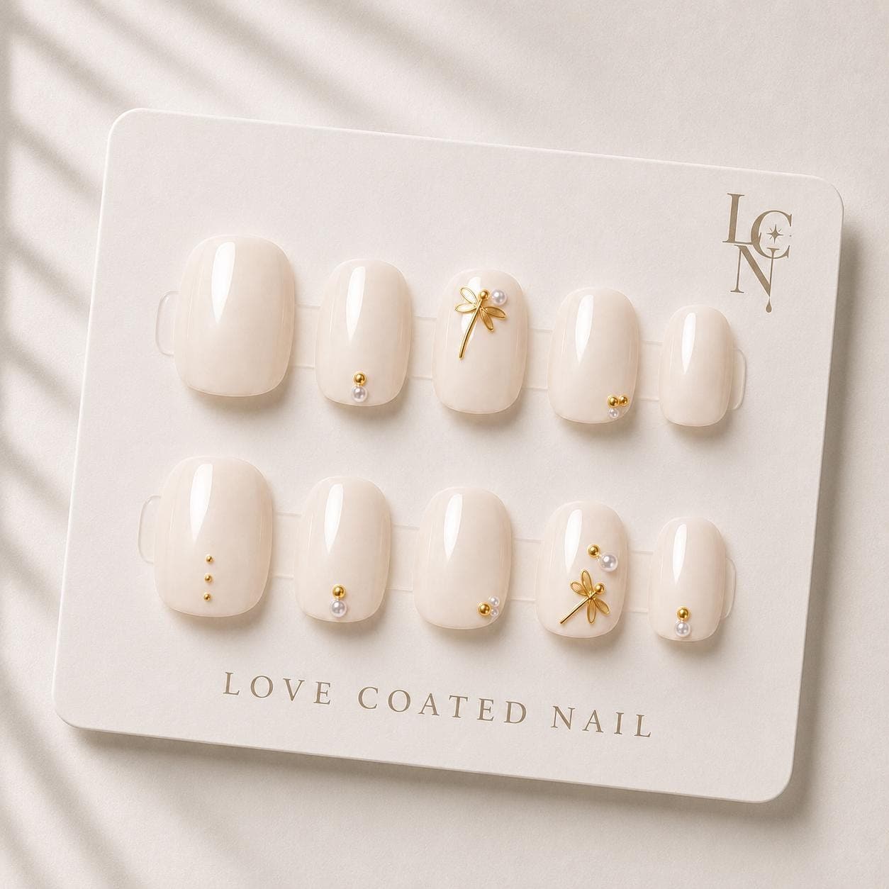 Dragonfly Press On Nails, Nude Bridal Nails, Pearl Gold Accent Nails, Neutral Wedding Nails, Elegant Press On Set