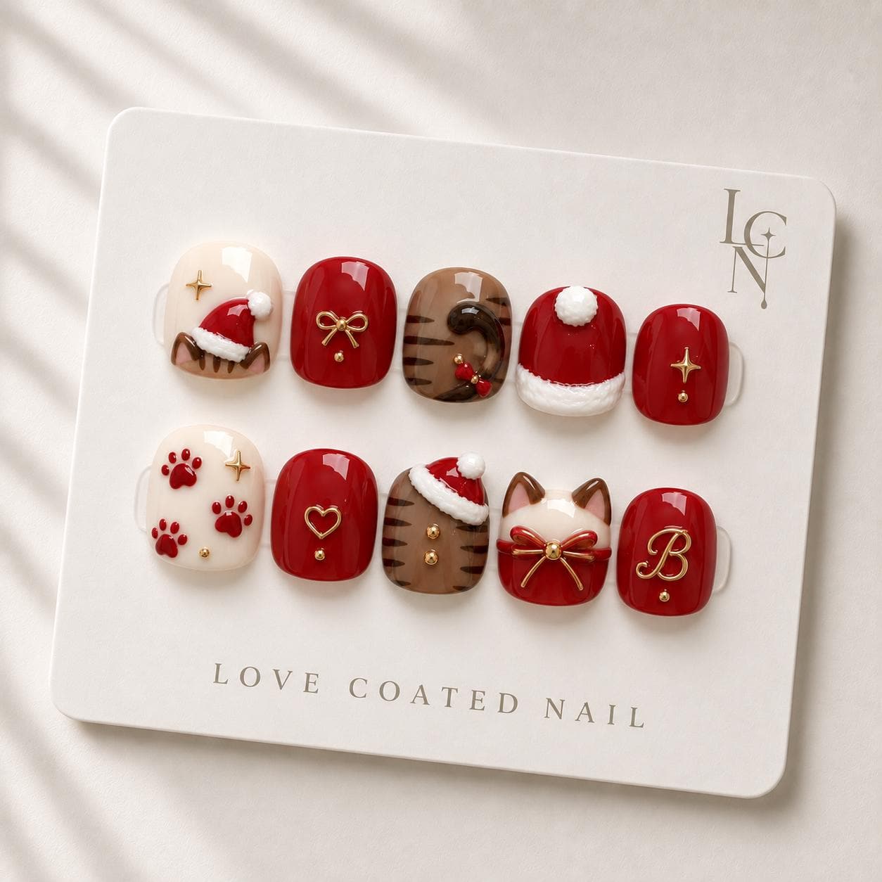 Christmas Press On Nails, Extra Short Red Gold Holiday Nails, Short Nail Set, Personalized Initial or Zodiac Gift