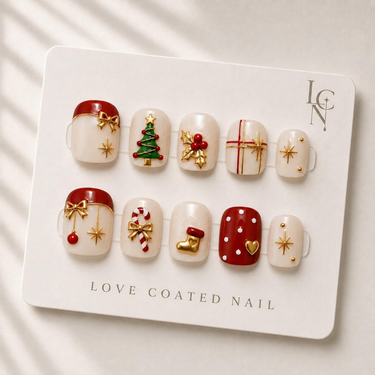 Christmas Press On Nails, Extra Short Red Ivory Gold Holiday Nails, Short Christmas Nail Set, Luxury Handmade Winter Nails