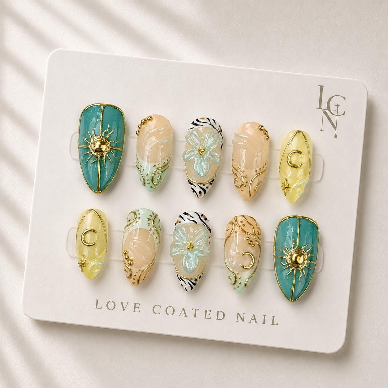 Beach Press On Nails, Vacation Nails, Tropical Summer Nails, Coastal Luxury Nails, Turquoise Sun Moon Press On Nails