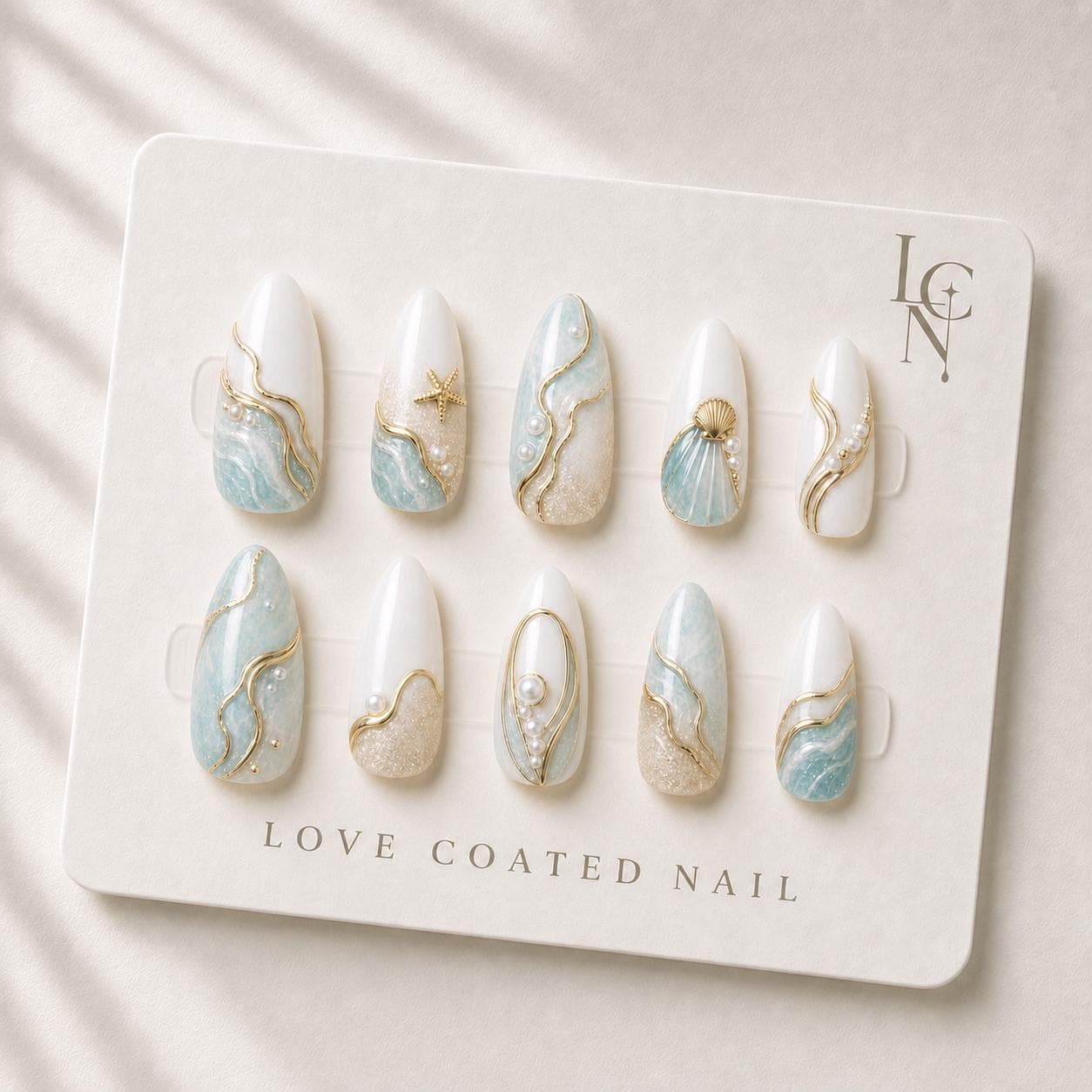 Luxury Beach Press On Nails, Coastal Mermaid Nails, Ocean Pearl Press On Nails, Handmade Summer Vacation Nails