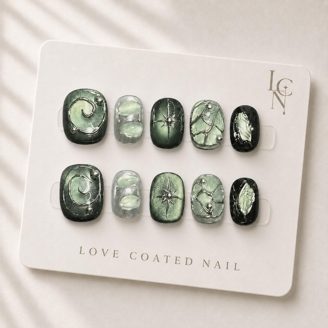 Celestial Press On Nails, Green Moonstone Nails, Emerald Galaxy Nails, Silver Chrome Astrology Nails, Personalized Zodiac