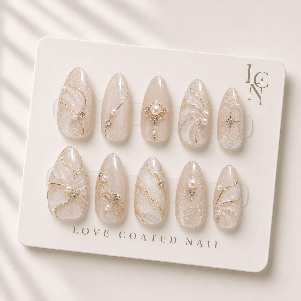 Bridal Nails, Bridal Press On Nails, Wedding Nails, Pearl Wedding Nails, Champagne Bridal Nails, Luxury Handmade Almond Nails