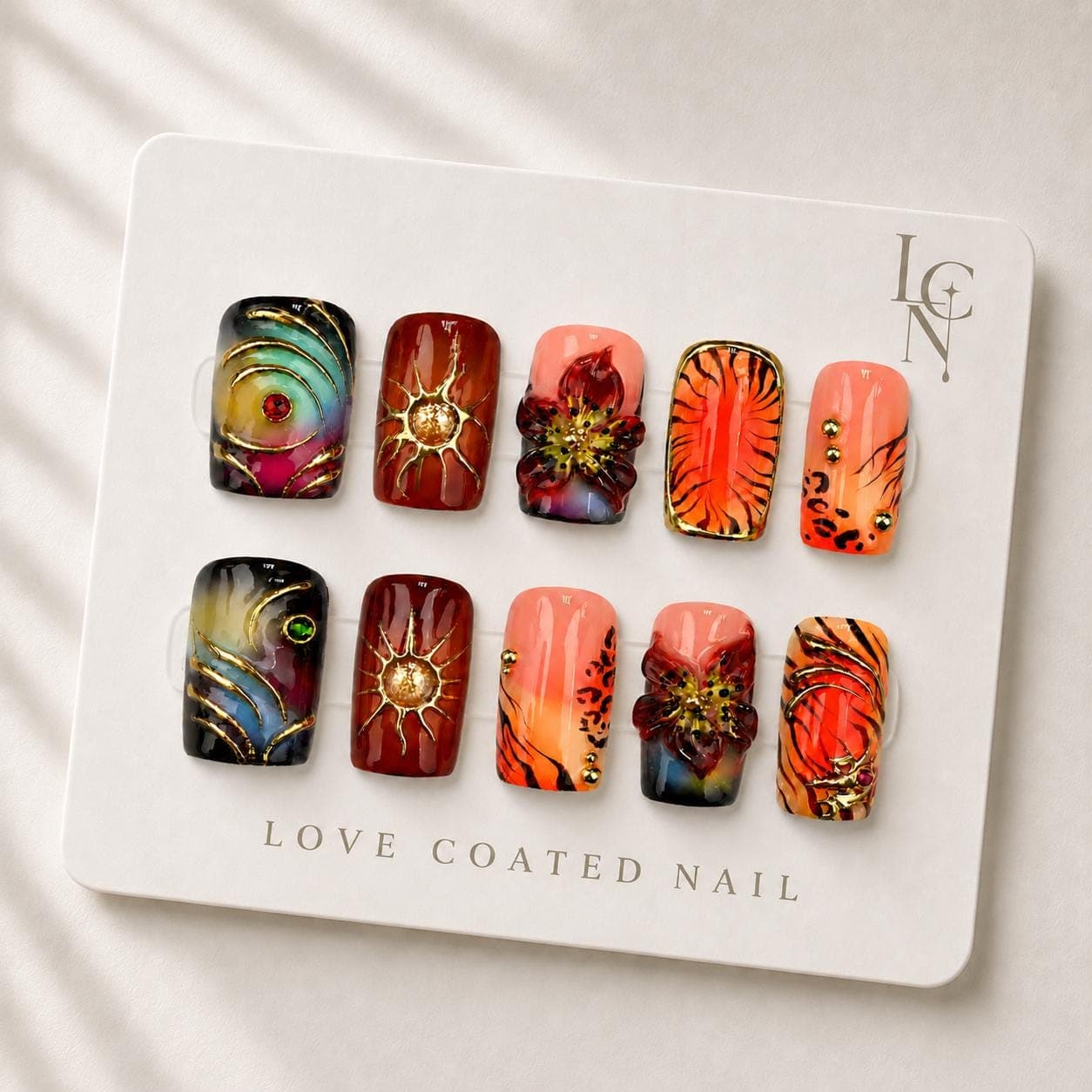 Extra Short Tropical Press On Nails, Sunset Beach Nails, Hibiscus Flower Nails, Vacation Luxury Press On Nails