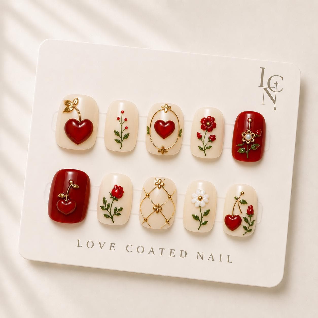 Coquette Nails, Coquette Press On Nails, Cherry Nails, Heart Nails, Floral Nails, Red Press On Nails, Extra Short Nails