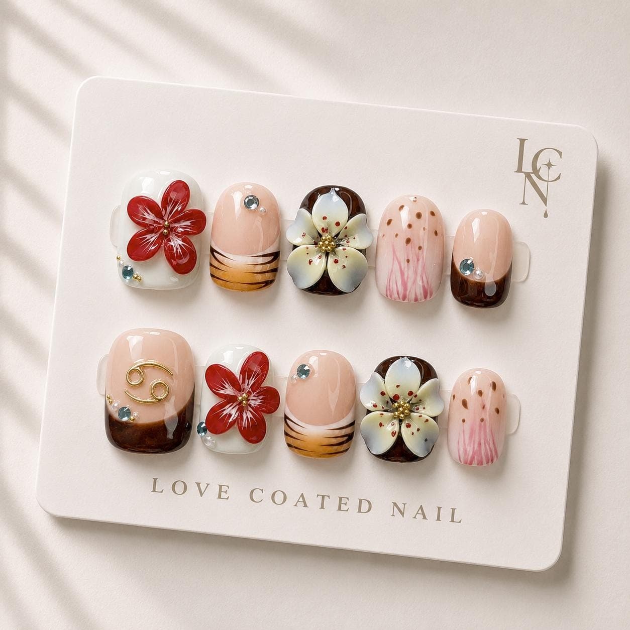 Tropical Floral Press On Nails, Brown French Tip Nails, Resort Summer Nails, Handmade Luxury Nails, Personalized Zodiac
