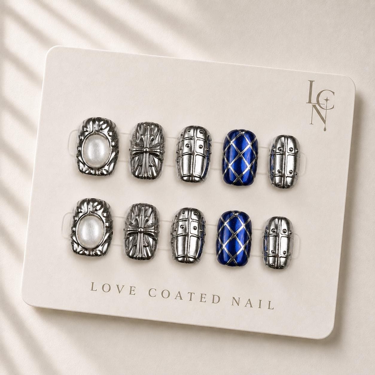 Gothic Nails, Gothic Press On Nails, Gothic Fake Nails, Blue Chrome Nails, Silver Cross Nails, Extra Short Handmade Nails