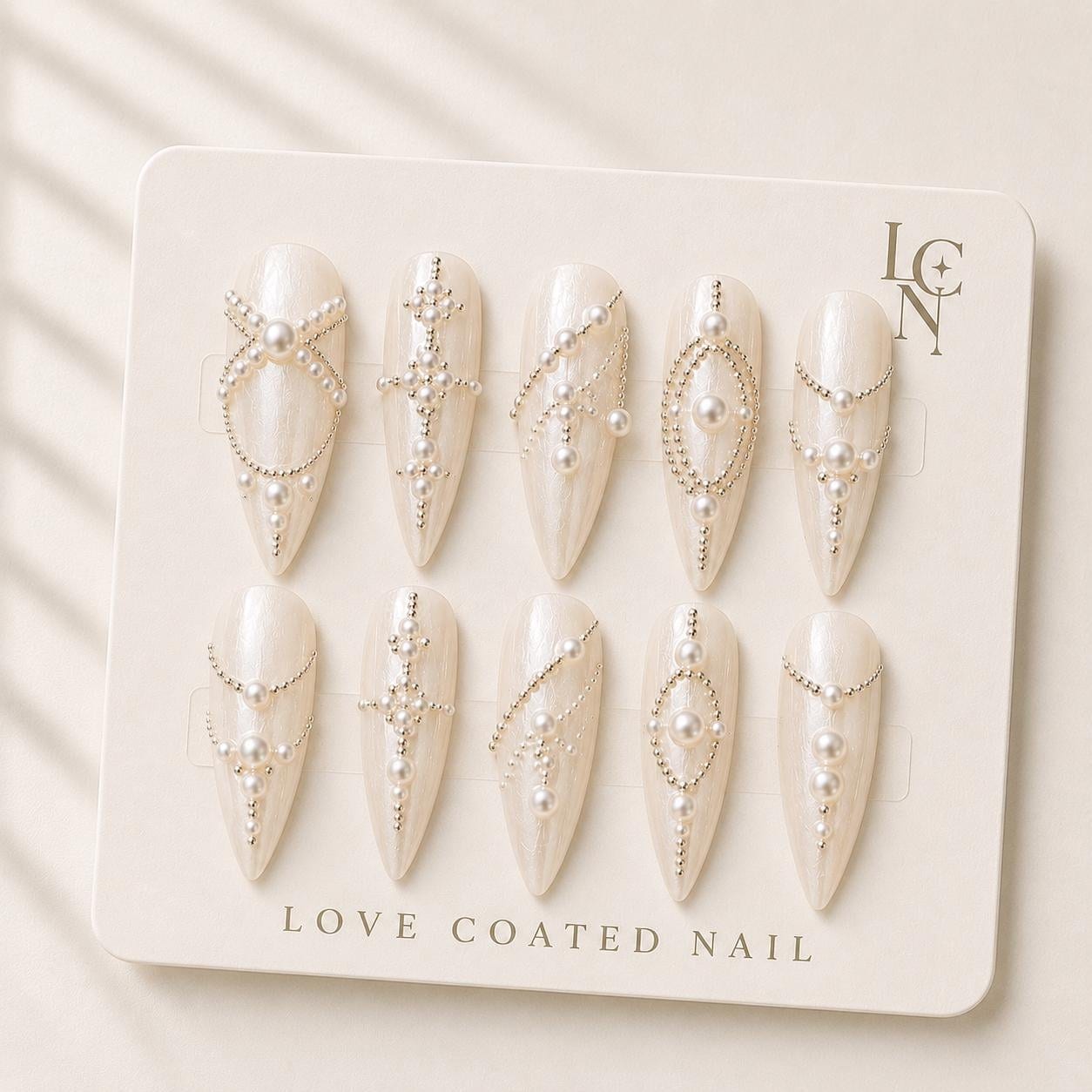 Bridal Nails, Bridal Press On Nails, Pearl Wedding Nails, Y2K Ivory Almond Nails, Luxury Handmade Press Ons