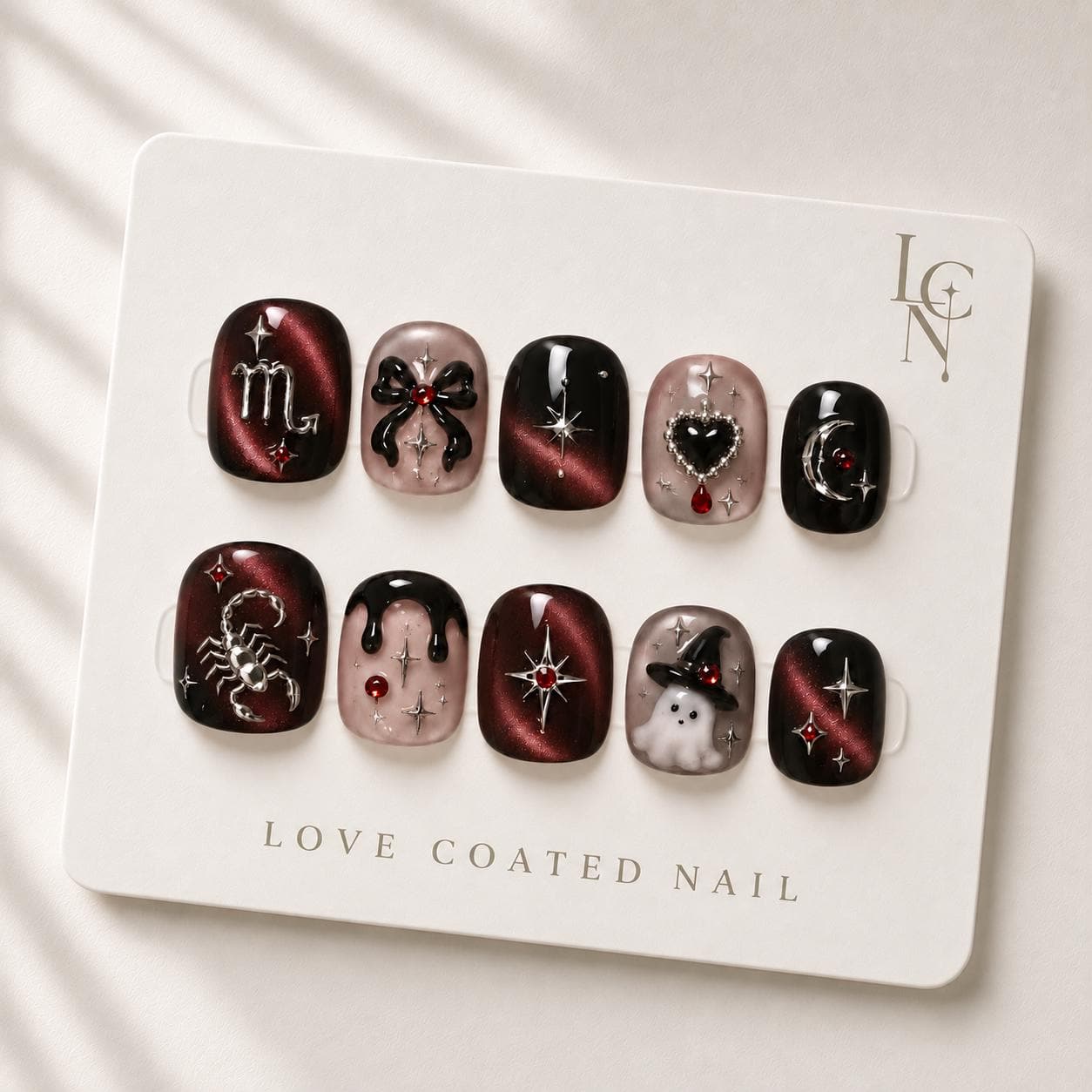 Halloween Press On Nails, Extra Short Black Burgundy Cat Eye Nails, Scorpio Zodiac Halloween Nails, Short Gothic Nail Set