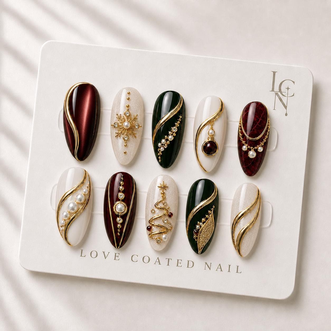 Luxury Christmas Press On Nails, Holiday Party Nails, Burgundy Emerald Nails, Elegant Winter Nails, Handmade Reusable Gift