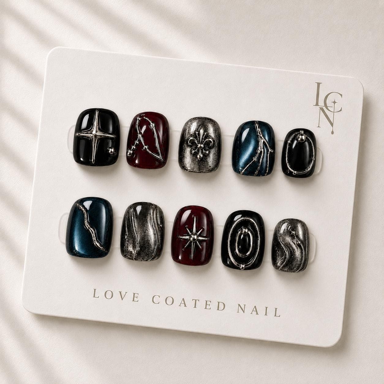 Gothic Nails, Gothic Press On Nails, Gothic Fake Nails, Black Burgundy Chrome Nails, Blue Cat Eye Nails, Personalized Zodiac Nails