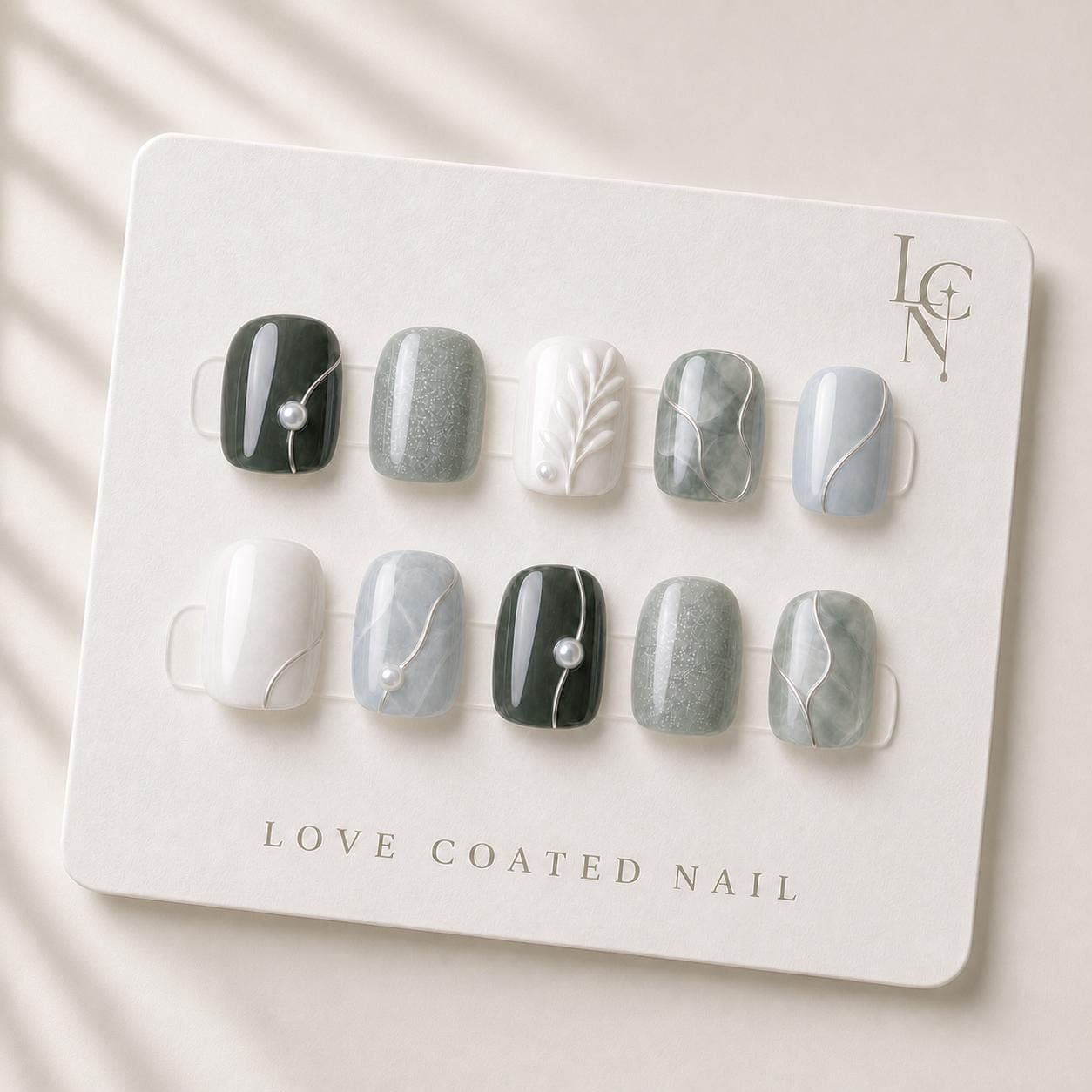 Sage Green Press On Nails, Pearl Press On Nails, Marble Nails, Luxury Green Nails, Handmade Reusable Gel Press On Nails