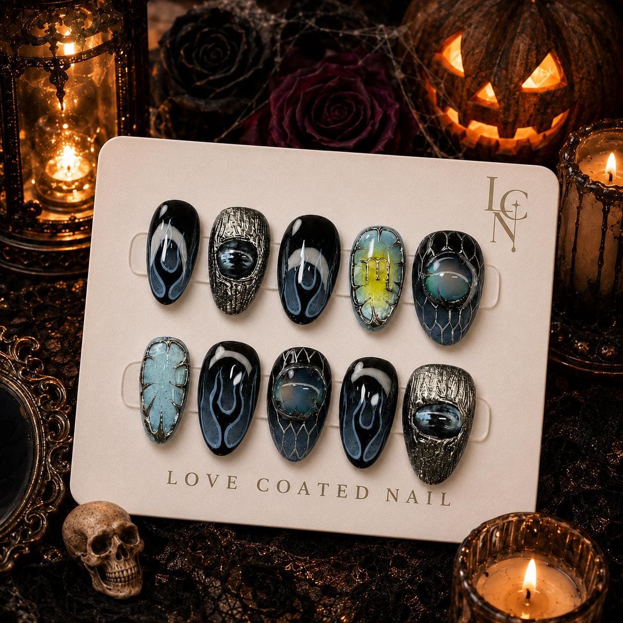 Halloween Nails, Halloween Press On Nails, Gothic Fake Nails, Gothic Press On Nails, Black Cat Eye Nails, Fake Nails