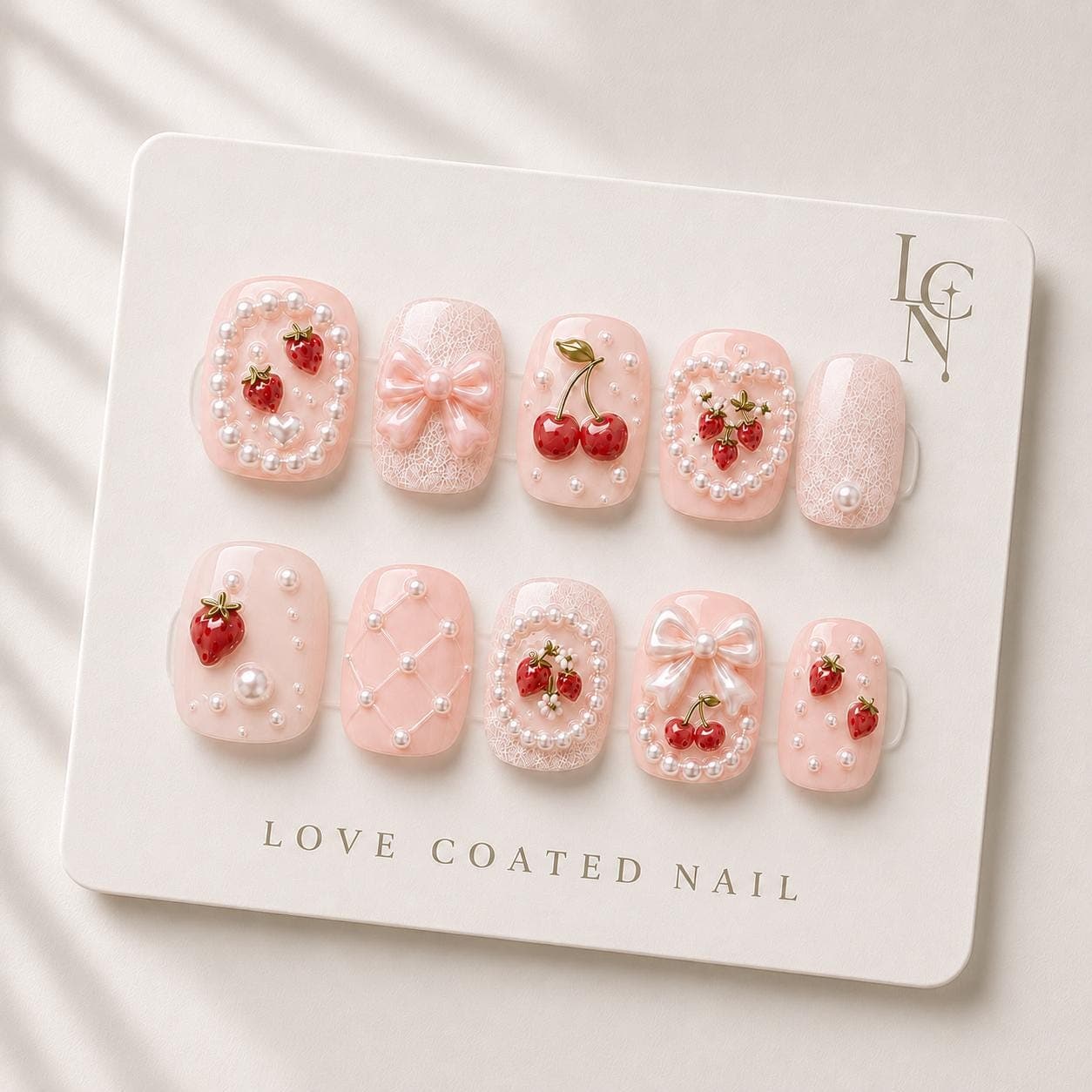 Coquette Nails, Coquette Press On Nails, Ribbon Lace Strawberry Cherry Nails, Extra Short Pink Luxury Press On Nails