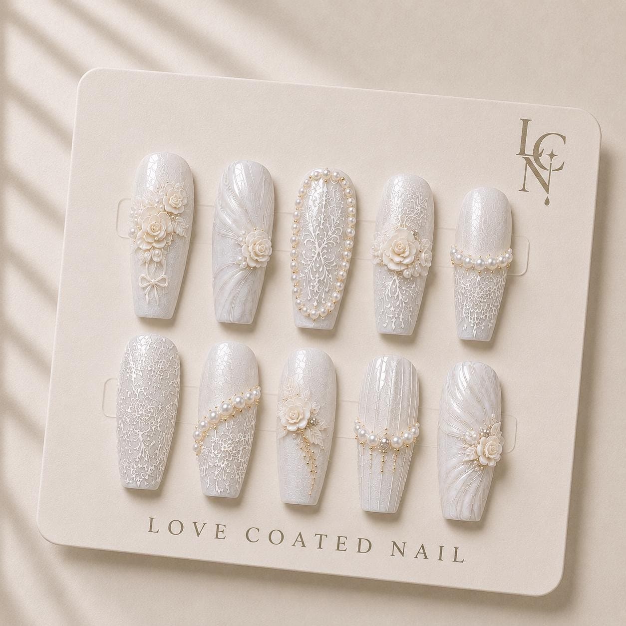 Bridal Nails, Bridal Press On Nails, Ivory Pearl Wedding Nails, 3D Flower Lace Nails, Luxury Wedding Manicure
