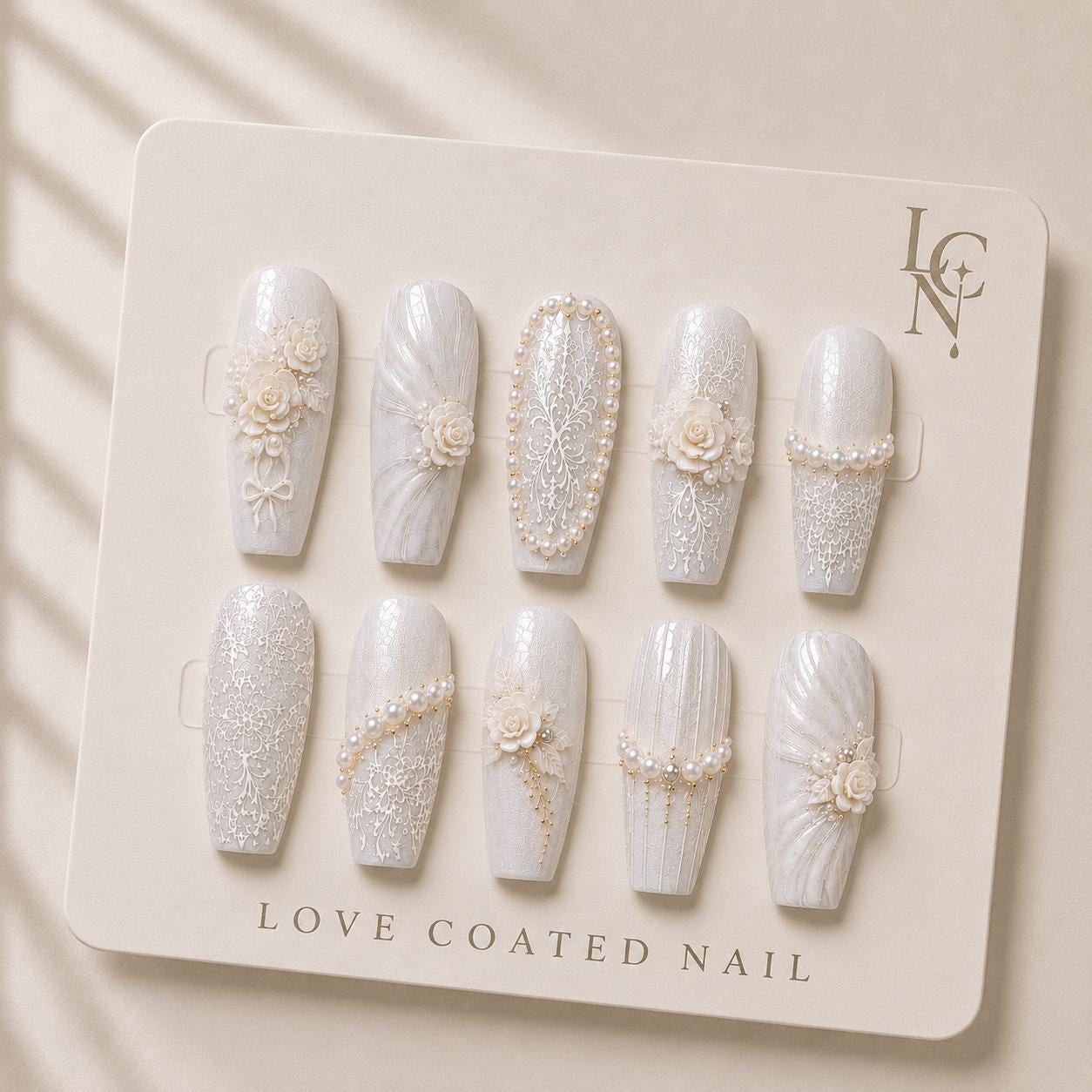 Bridal Nails, Bridal Press On Nails, Ivory Pearl Wedding Nails, 3D Flower Lace Nails, Luxury Wedding Manicure