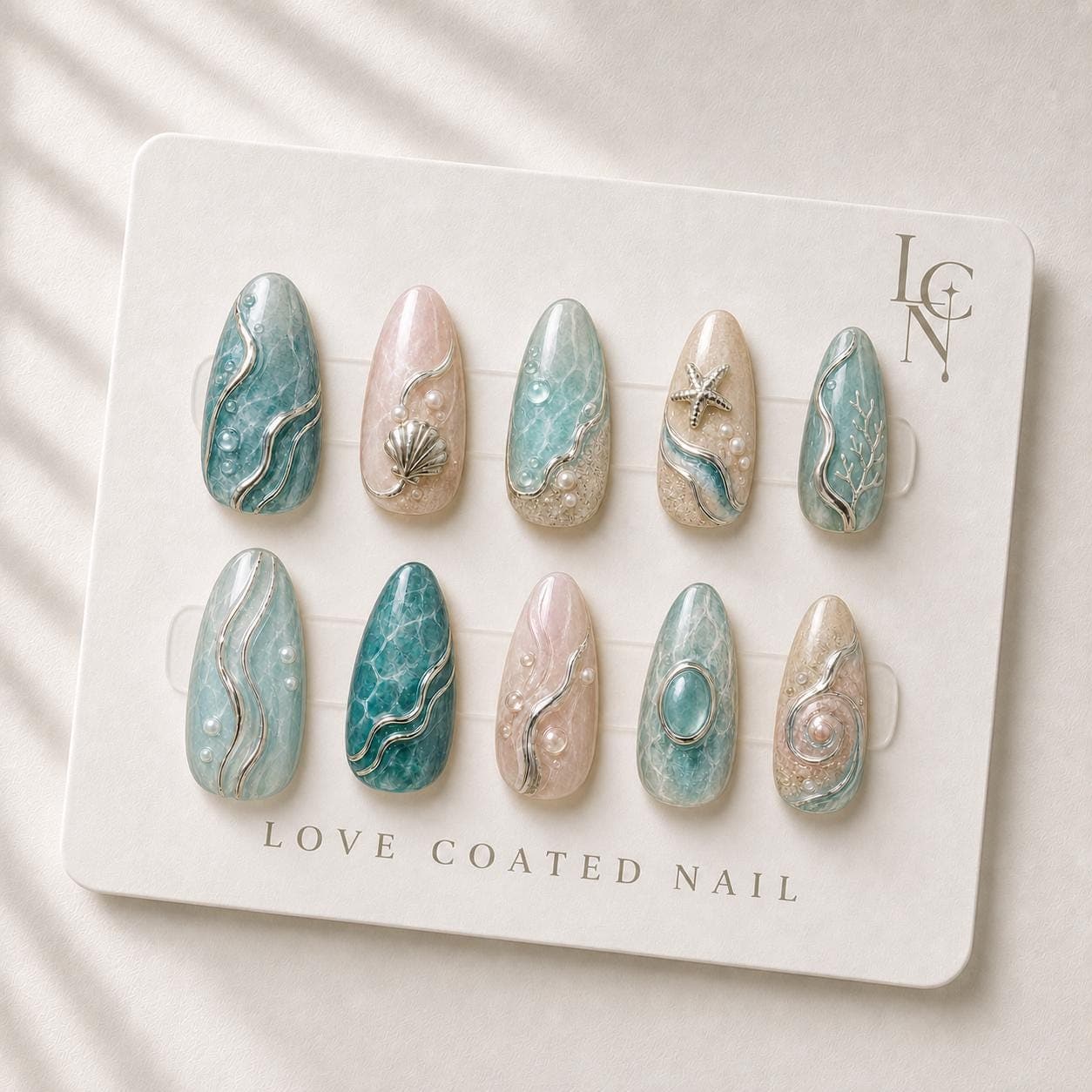 Luxury Coastal Press On Nails, Beach Press On Nails, Ocean Marble Nails, Pearl Resort Nails, Handmade Summer Nails