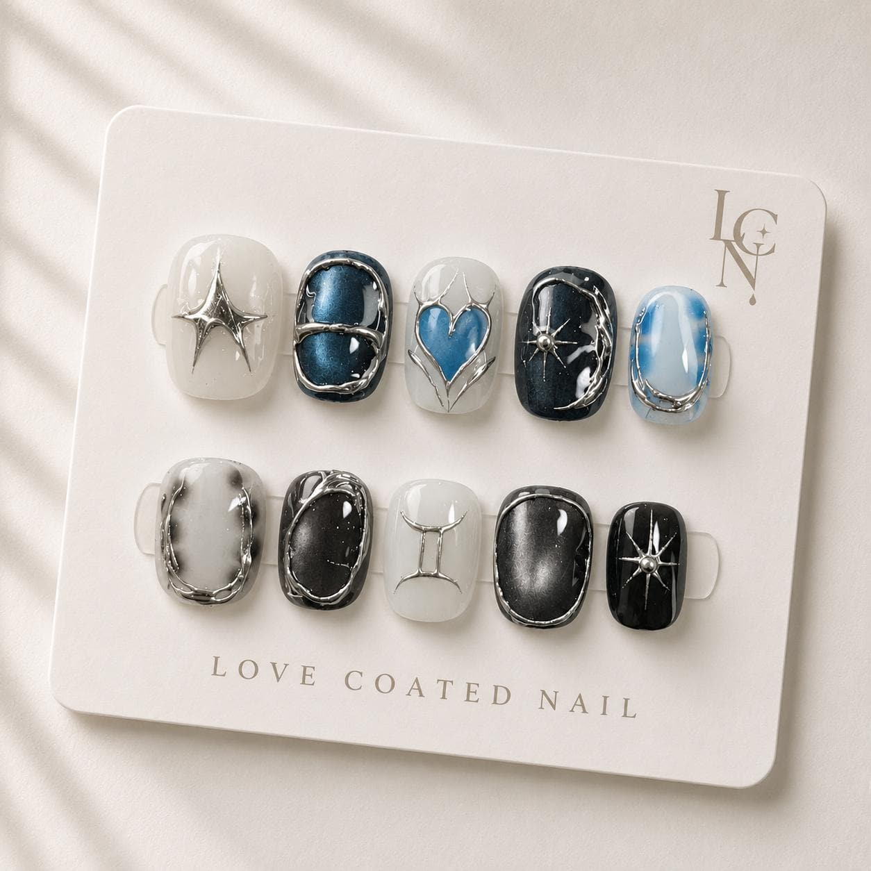 Y2K Press On Nails, Blue Heart Chrome Nails, Silver Chrome Press On Nails, Handmade Luxury Nail Set, Personalized Zodiac