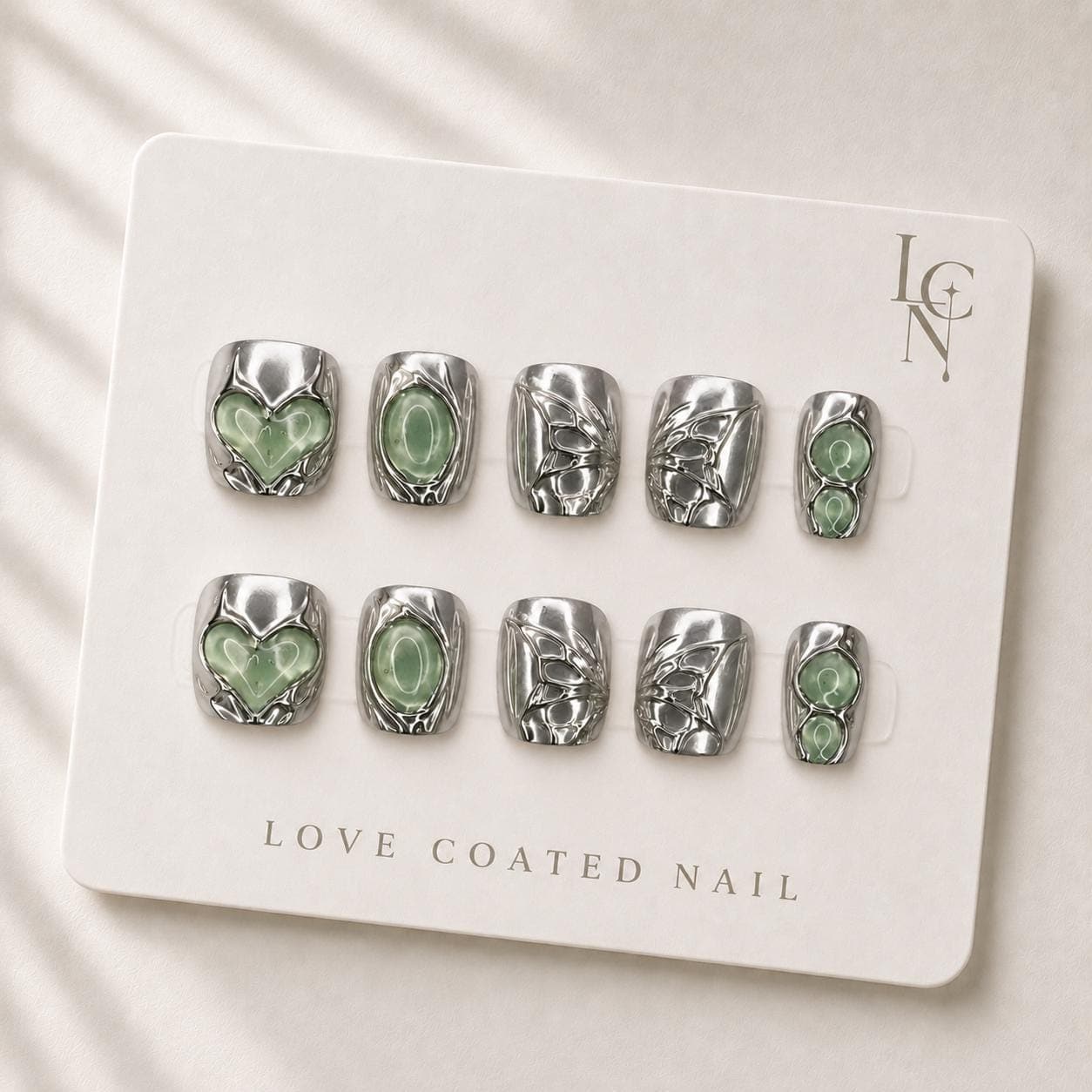 Extra Short Press On Nails, Y2K Chrome Nails, Liquid Chrome Nails, Korean Press On Nails, Jade Heart Nails, Cyber Nails