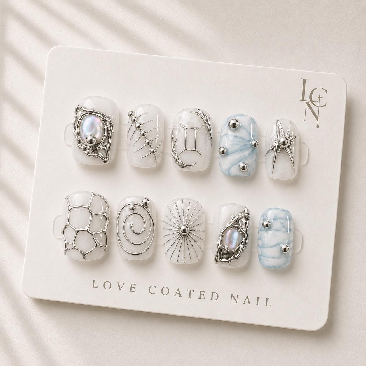 Coastal Press On Nails, Ocean Pearl Nails, Beach Wedding Nails, Luxury Silver Chrome Nail Set, Personalized Zodiac