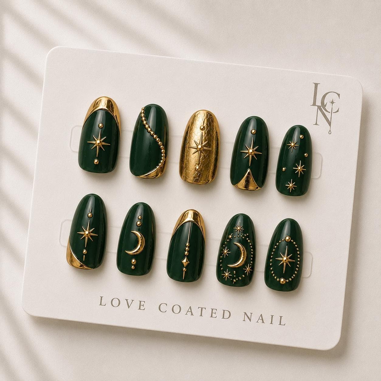 Emerald Green Celestial Press On Nails, Gold Moon Star Luxury Set