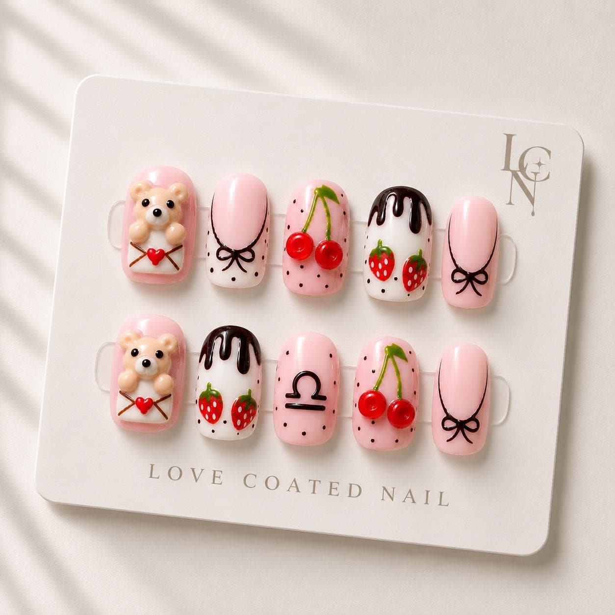 Coquette Nails, Teddy Bear Press On Nails, Cherry Strawberry Pink Press On Nails, Personalized Zodiac Luxury Handmade Nails