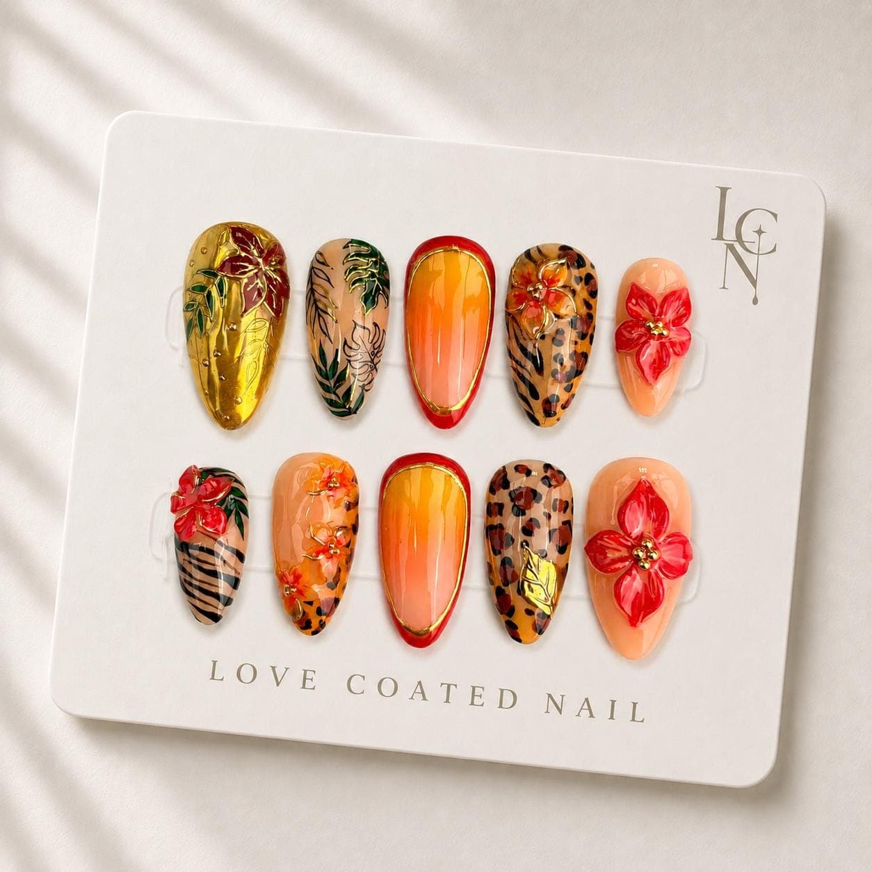 Tropical Press On Nails, Hibiscus Flower Nails, Resort Nails, Leopard Print Nails, Summer Vacation Nails, Luxury Floral Nails