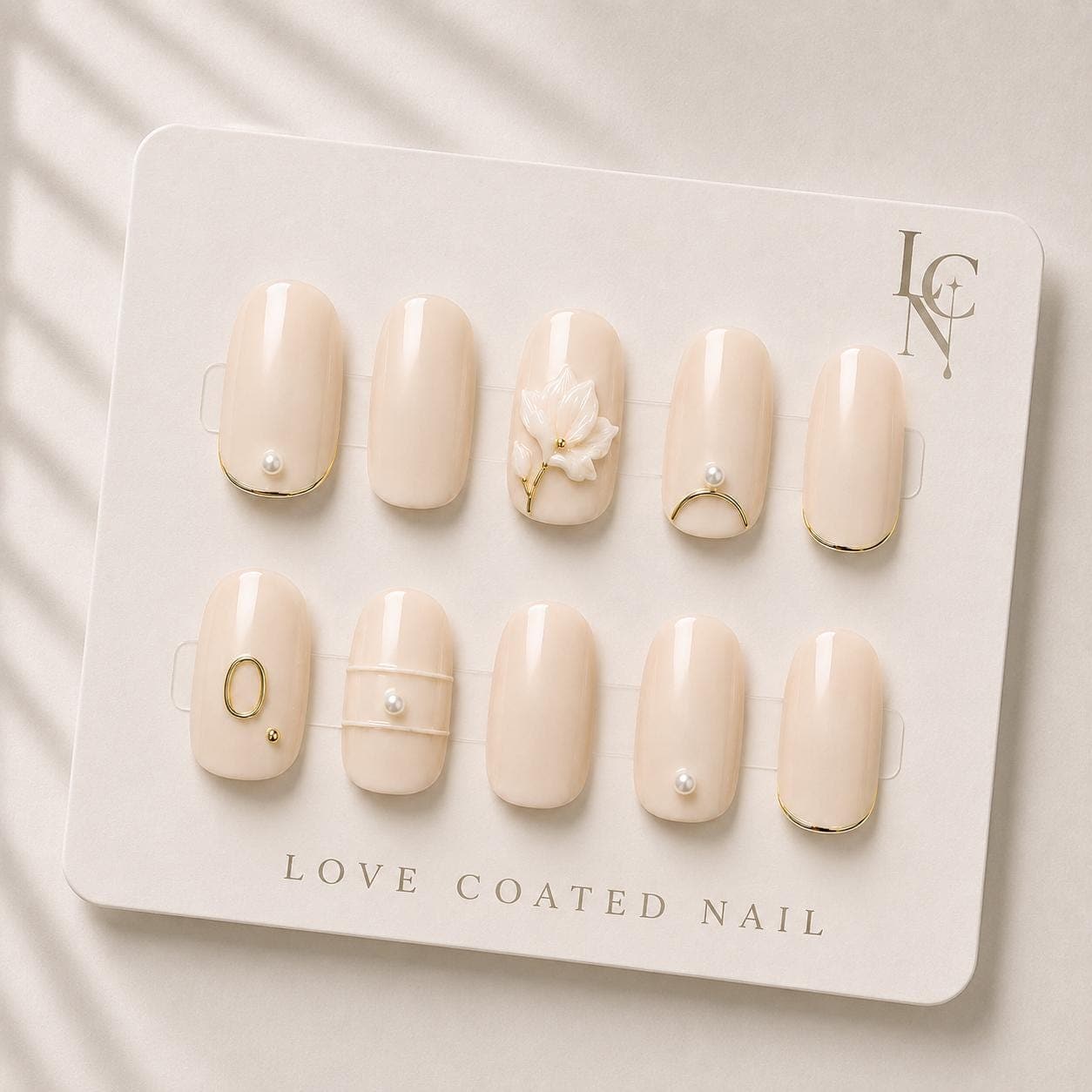 Custom Letter Press On Nails, Personalized Bridal Nails, Ivory Pearl Magnolia Nails, Luxury Almond Press On Nails, Wedding Nail Set