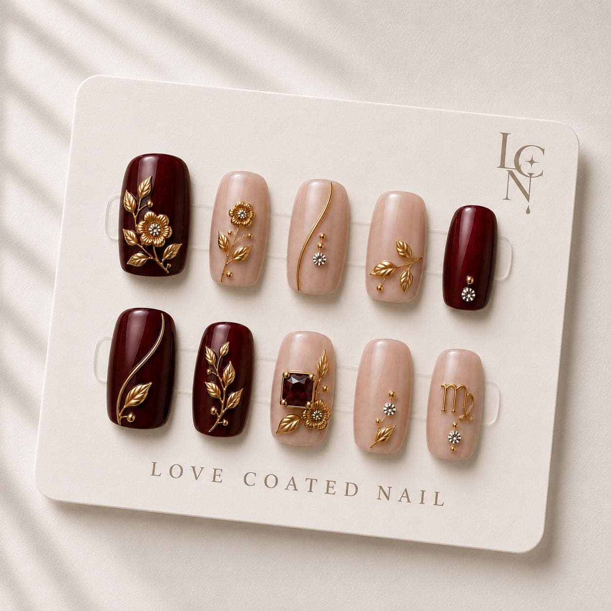 Custom Zodiac Letter Press On Nails | Personalized Astrology & Initial Nails | Luxury Burgundy Gold Handmade Nails | Custom Gift for Her