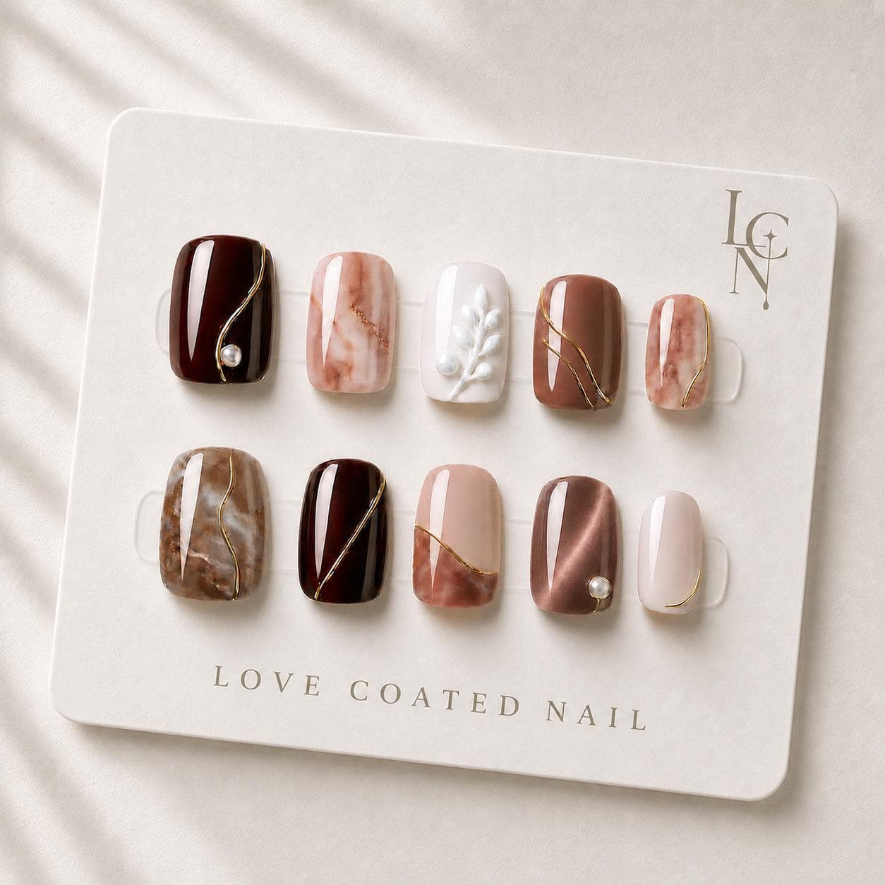 Extra Short Luxury Press On Nails, Brown Mocha Cat Eye Marble Nails, Gold Chrome Quiet Luxury Handmade Nails